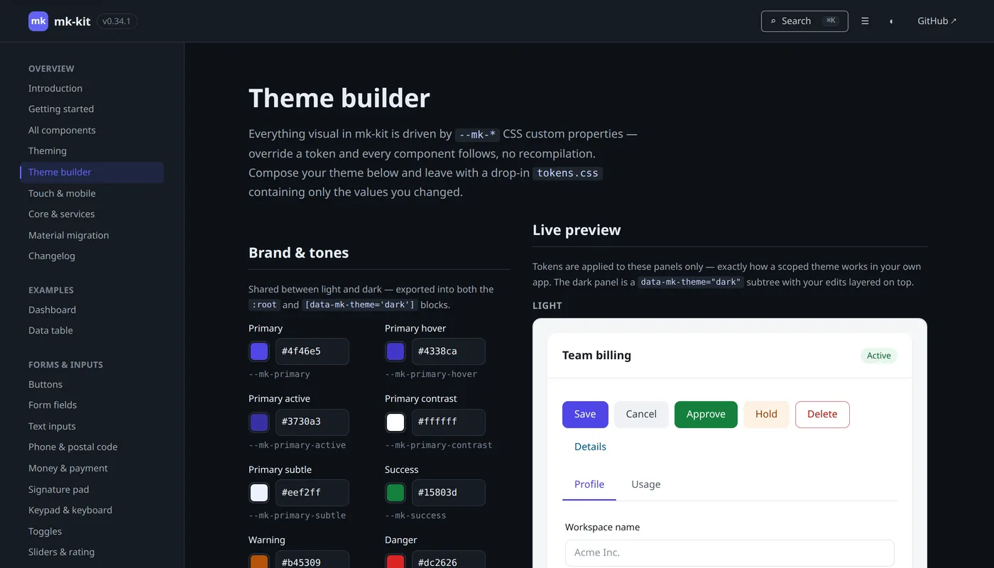 Theme builder — zmieniasz token, cała strona się przebarwia